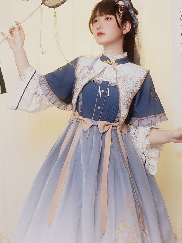 Chinese Style Lolita OP Dress Blue Polyester Long Sleeves Bowknots Ruf –  Hilolita.com